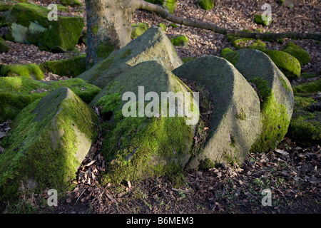 Hathersage. Geschnitzt, rund meißelt, verlassenes Mühlenrad, alt, ländlich, Uralter Mühlstein. Mill Stones im Peak District National Park, Derbyshire, Großbritannien Stockfoto