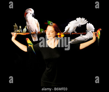 Frau, die mehrere exotische Vögel in ihre sehr langen roten Haaren Stockfoto