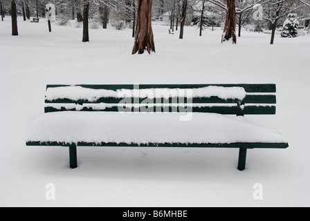 Schneebedeckte Parkbank in Torontos Strand Nachbarschaft Stockfoto
