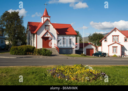 St. Peter's Church, eine katholische Holzkirche in Akureyri, Nordisland Stockfoto