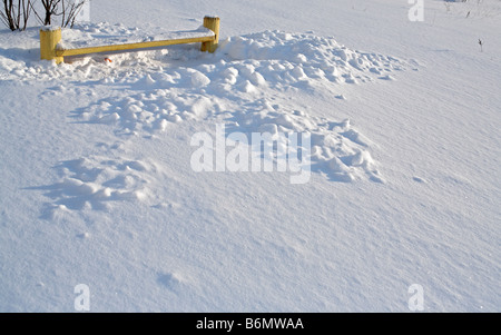 Sitzbank im Park, weißen Schnee, sonnigen Wintertag, Russland Stockfoto