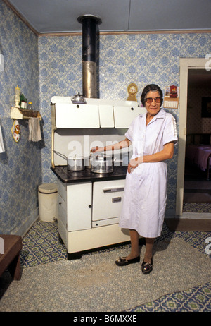 USA NEW MEXICO LINCOLN kocht eine ältere Hispanic Frau an ihrem alten Holzofen in ihrem Haus in Lincoln, New Mexico Stockfoto