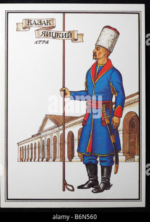 Uniform des Grenzmarktes (Ural) Kosaken in der russischen Armee (1774), Postkarte, UdSSR, 1985 Stockfoto