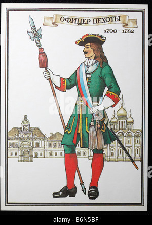 Uniform eines Offiziers des Infanterie-Regiments der russischen Armee (1700-1732), Postkarte, UdSSR, 1985 Stockfoto