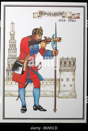 Uniform von Bombardier des Artillerie-Regiments der russischen Armee (1712-1720), Postkarte, UdSSR, 1986 Stockfoto