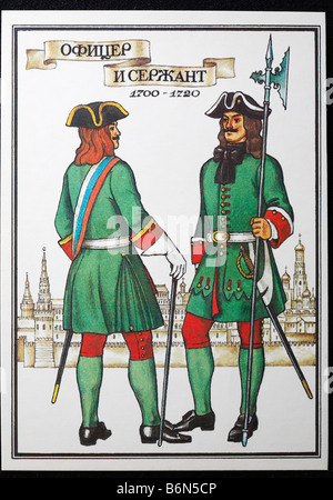 Uniform der Offizier (links) und Sergeant (rechts) des Infanterie-Regiments der russischen Armee (1700-1720), Postkarte, UdSSR, 1985 Stockfoto