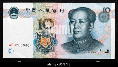 Porträt von Mao Zedong auf 10 Yuan Note, China Stockfoto