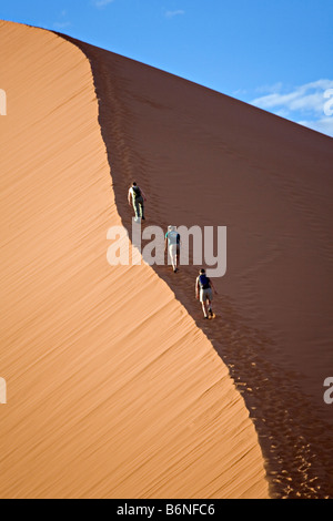 Touristen, die zu Fuß auf Sand Dünen im Sossusvlei Namibwüste Bereich Namib Naukluft Nationalpark Namibia Stockfoto