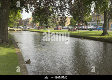 Der River Windrush fließt durch den malerischen Cotswold Dorf von Bourton-on-the-Water, Gloucestershire. Stockfoto