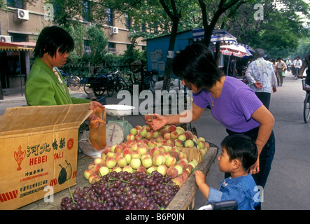 Obstverkäufer, Verkauf von Pfirsichen, frische Pfirsiche, Open-Air-Markt, Markt, Markt, Puhuangyu, Peking, Beijing, Beijing Gemeinde, China, Asien Stockfoto