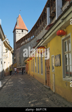 Gepflasterte Straße mit alten Stadt Steinwände im Hintergrund Altstadt Tallinn Estland Stockfoto