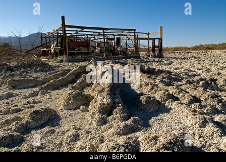 Abandond Holzkonstruktion an den Ufern des Salton Sea, Southern California Stockfoto