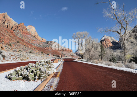 Erster Schnee der Saison Stäube die Wüstenlandschaft des Zion National Park in Utah im Spätherbst Stockfoto