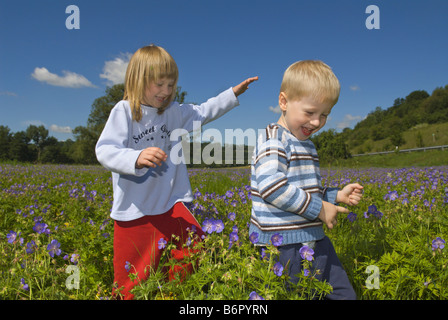 Geschwister, die spielen in einer Blumenwiese im Sommer, Deutschland, Saarland Stockfoto