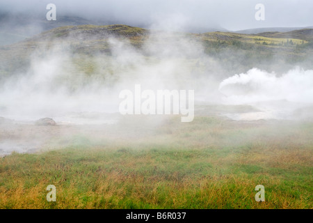 Dampfende Landschaft im Tal Haukadalur, Island, den Standort der Geysir Strokkur und Geysir. Stockfoto