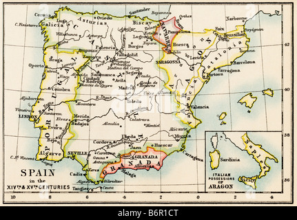 Karte der Iberischen Halbinsel in den 1300er und 1400er Jahre. Farblithographie Stockfoto