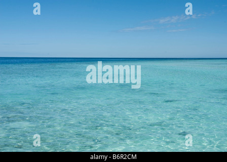 Klaren seichten Türkis gefärbte Wasser über einem Korallenriff und blauer Himmel, auf den Malediven Stockfoto