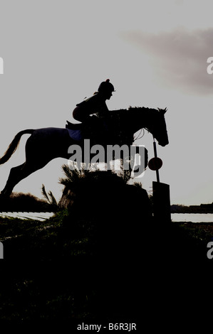 Hinterleuchtete Reiter und Pferd cross Country Zaun springen Stockfoto