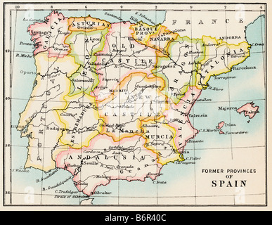 Karte der ehemaligen Provinzen Spaniens. Farblithographie Stockfoto