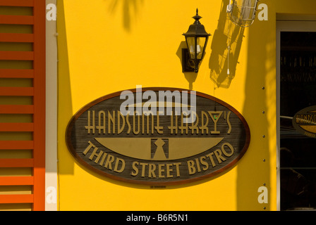 Gut aussehend Harrys dritten Street Bistro 3rd Street St Zeichen Old Naples Florida fl leuchtend gelbe Farbe Palm Baum Schatten Stockfoto