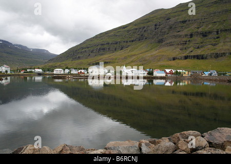 Stadt in Island mit Häusern rund um einen See Stockfoto