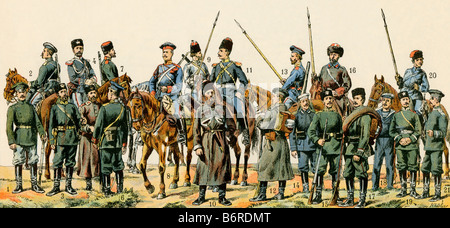 Russische Soldaten einschließlich der Kosaken, Dragoner, und Seeleute um 1900. Farblithographie Stockfoto