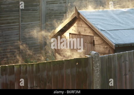 Dampf steigt aus einem frostigen Zaun in der frühen Morgensonne Stockfoto