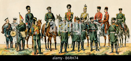 Russische Militärs einschließlich Zar Nikolaus II. und seine Kosaken wachen um 1900. Farblithographie Stockfoto