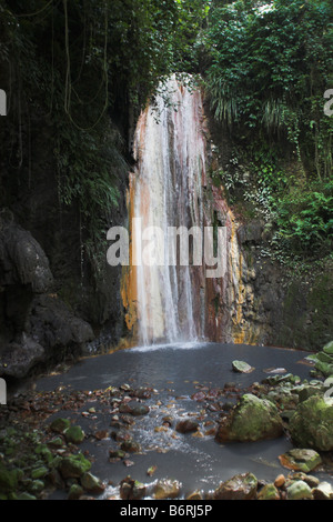 Diamant-Wasserfall in Diamond Botanical Gardens in Soufriere Estate, St. St. Lucia in der Karibik, West Indies Stockfoto