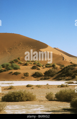 Touristen klettern einer Düne am Sossusvlei im Namib-Naukluft-Park in Namibia Stockfoto