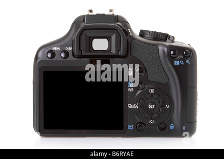 Rückseite einer digitalen Spiegelreflexkamera, isoliert auf weiss Stockfoto