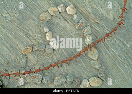 Herz aus Steinen mit rostigen Stacheldraht auf grauem Stein gemacht Stockfoto