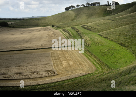 Cherhill Downs und weißes Pferd in der Nähe von Marlborough Downs in Wiltshire, an einem bewölkten Tag. Stockfoto