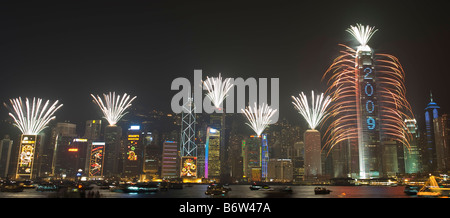 2009 New Years Eve Feuerwerk Celebration, Hong Kong, Hong Kong Island Skyline bei Nacht Stockfoto