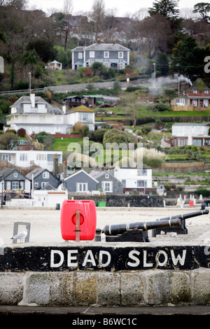 Häuser in Lyme Regis über die Einfahrt in den Hafen gesehen. Dorset, UK. Stockfoto