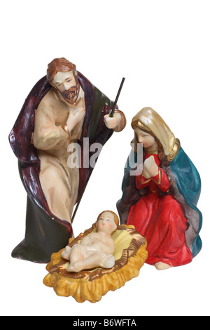 Joseph Mary und Baby Jesus Krippe Figuren Ausschnitt isoliert auf weißem Hintergrund Stockfoto