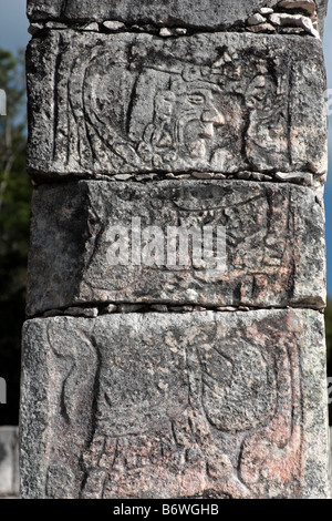 Stein Relief Schnitzerei von Maya-Krieger vor Tempel der Krieger in Chichen Itza Mexico Stockfoto