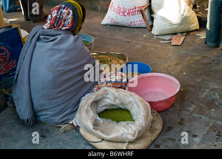 Indien JAIPUR RAJASTHAN indische Frau sitzt auf dem Bürgersteig Sortierung Gewürze auf dem Markt in Jaipur Stockfoto