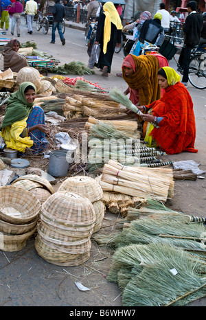 Indien JAIPUR RAJASTHAN fröhlich indische Frauen in bunten Saris, hausgemachte Besen und Körbe auf dem Markt zu verkaufen Stockfoto