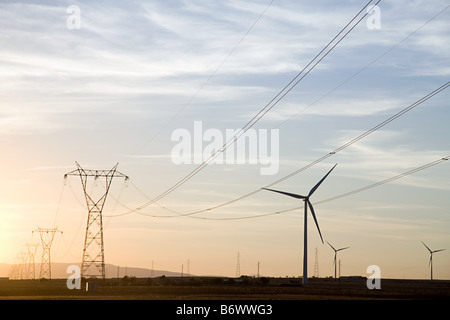 Windkraftanlagen und Pylone Stockfoto