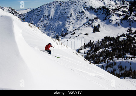 USA Utah Salt Lake City Alta Ski Resort Off Piste Skifahrer, eines der einzigen Resorts in Amerika für Skifahrer Stockfoto