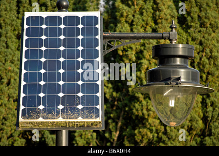 Solar-Panel mit einer einzigen Lampe vor dem Hintergrund des Laubes verbunden Stockfoto