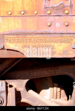Die First National Bank of Chicago Teller an der eine eine alte Eisenbahn-Güterwagen. Stockfoto