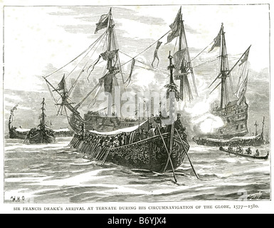 Sir Francis Drake Ankunft in Ternate während seiner Weltumrundung 1577 1580 Sir Francis Drake, Vizeadmiral (ca. 15 Stockfoto