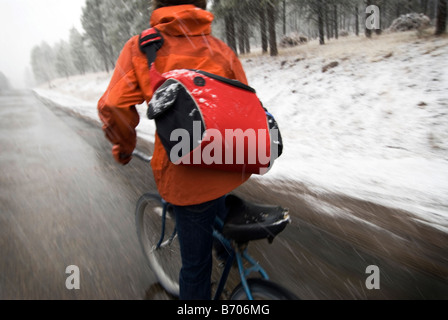 Eine junge Frau fährt eine alten Beach Cruiser durch einen Schneesturm in Flagstaff, Arizona. Stockfoto