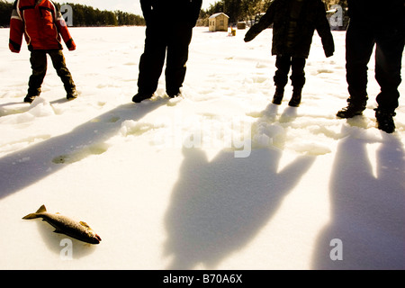 Menschen Eisangeln auf Maine-See im Norden Waterboro, Maine. Stockfoto