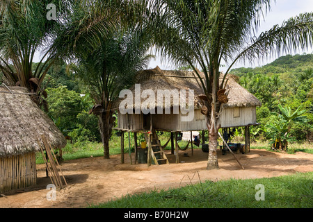 Suriname, Kwamalasamutu, Heimat der eingeborenen Indianer. Luft. Hütten auf Stelzen. Stockfoto