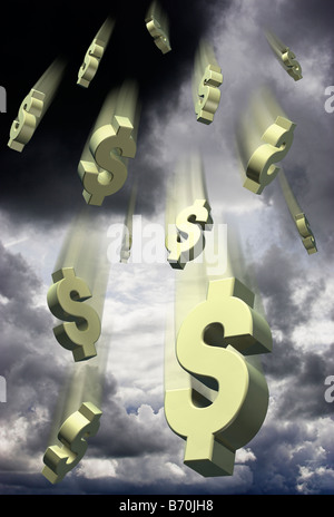 Fallende US-Dollar-Symbole vor einem stürmischen Himmel, Wirtschaft, Währungskonzept – digitale Komposition Stockfoto