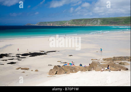 Sennen Beach mit Blick auf Cape Cornwall, in der Nähe von Lands End, West Cornwall. UK Stockfoto