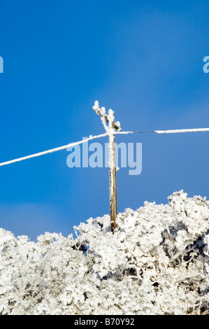 Stromkabel und Stromkabel gegen blauen Himmel eingefroren Stockfoto